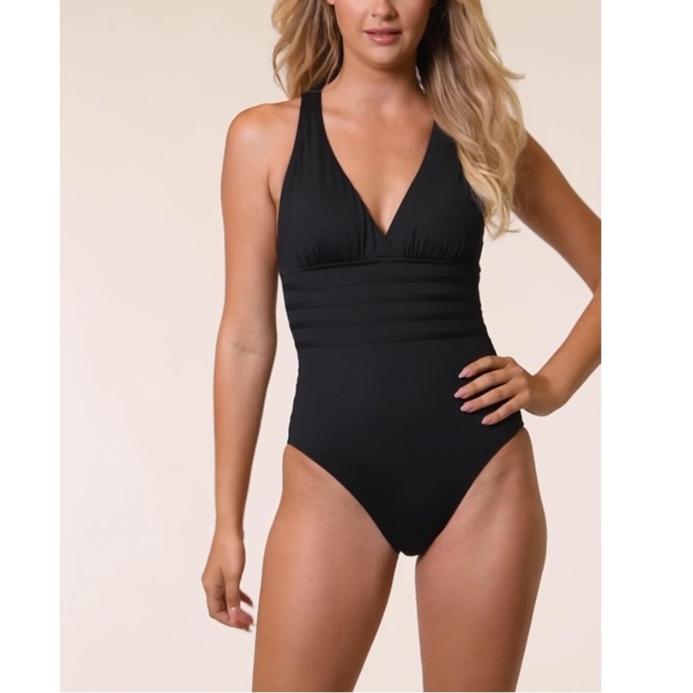 La Blanca Island Goddess Multi-Strap Cross-Back One Piece - Black Swimsuit NWT